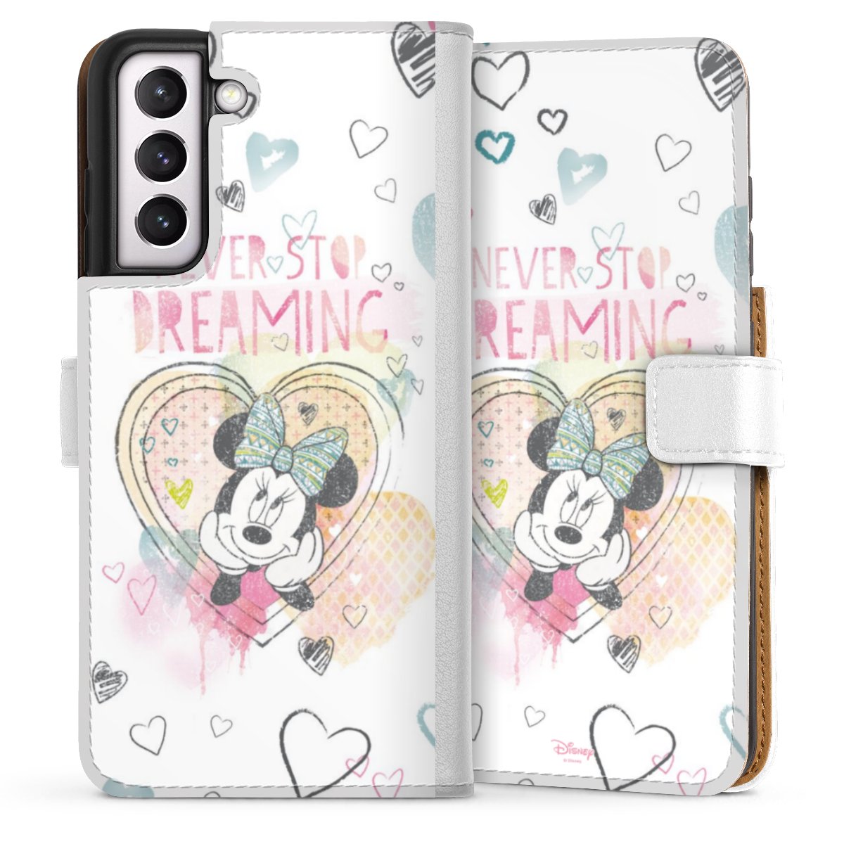 Galaxy S21 FE 5G Handy Klapphülle Handyhülle aus Kunst Leder weiß Flip Case Disney Official Licensed Product Minnie Mouse Sideflip mit Lasche