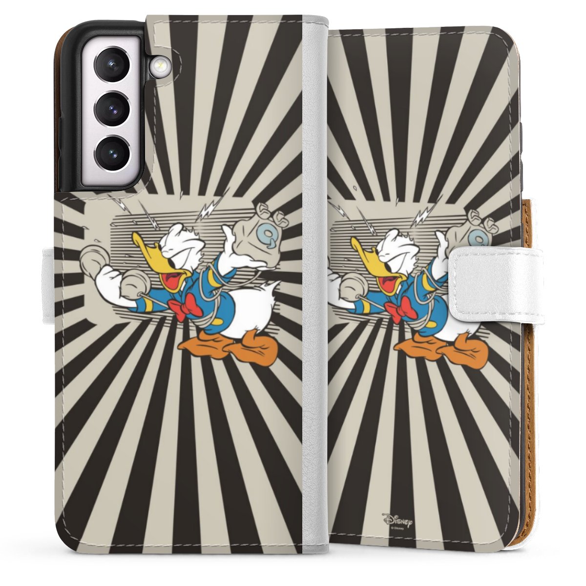 Galaxy S21 FE 5G Handy Klapphülle Handyhülle aus Kunst Leder weiß Flip Case Donald Duck Disney Official Licensed Product Sideflip mit Lasche