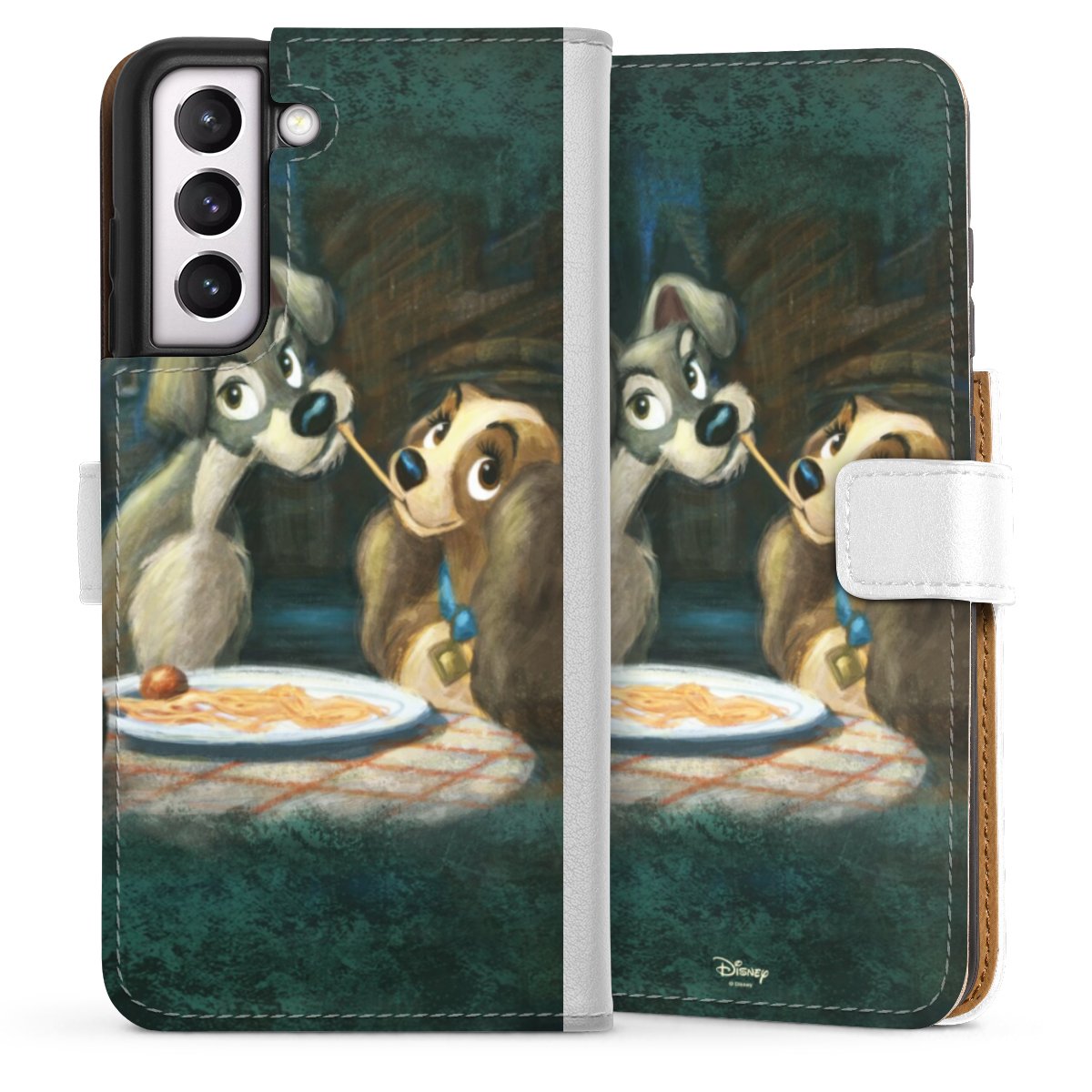 Galaxy S21 FE 5G Handy Klapphülle Handyhülle aus Kunst Leder weiß Flip Case Lady And The Tramp Official Licensed Product Disney Sideflip mit Lasche