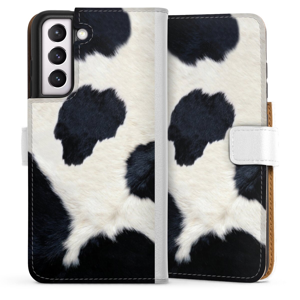 Galaxy S21 FE 5G Handy Klapphülle Handyhülle aus Kunst Leder weiß Flip Case Animal Look Animal Print Cow Skin Sideflip mit Lasche