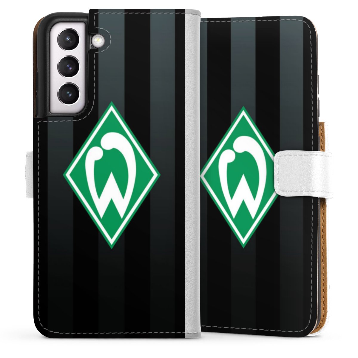 Galaxy S21 FE 5G Handy Klapphülle Handyhülle aus Kunst Leder weiß Flip Case Stripes Sv Werder Bremen Official Licensed Product Sideflip mit Lasche