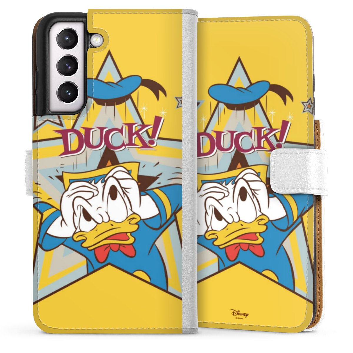 Galaxy S21 FE 5G Handy Klapphülle Handyhülle aus Kunst Leder weiß Flip Case Official Licensed Product Donald Duck Disney Sideflip mit Lasche