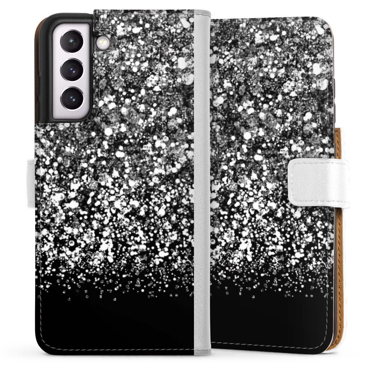 Galaxy S21 FE 5G Handy Klapphülle Handyhülle aus Kunst Leder weiß Flip Case Glitzer Snowflake Muster Sideflip mit Lasche