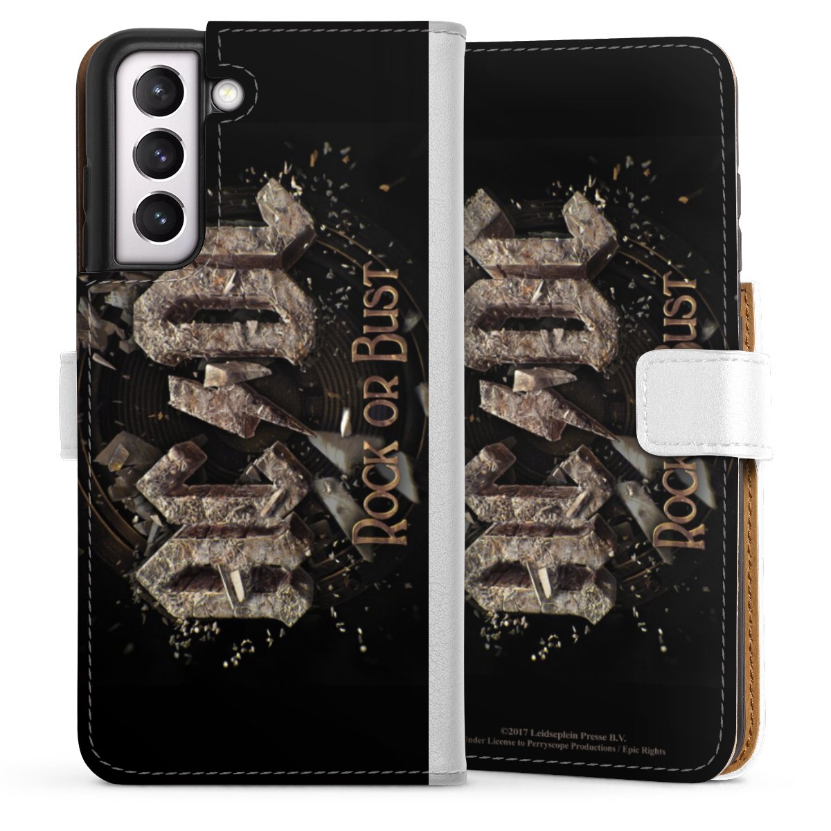 Galaxy S21 FE 5G Handy Klapphülle Handyhülle aus Kunst Leder weiß Flip Case Acdc Official Licensed Product Rock Or Bust Sideflip mit Lasche