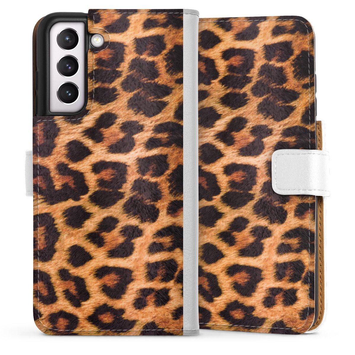 Galaxy S21 FE 5G Handy Klapphülle Handyhülle aus Kunst Leder weiß Flip Case Animal Print Leopard Fur Sideflip mit Lasche