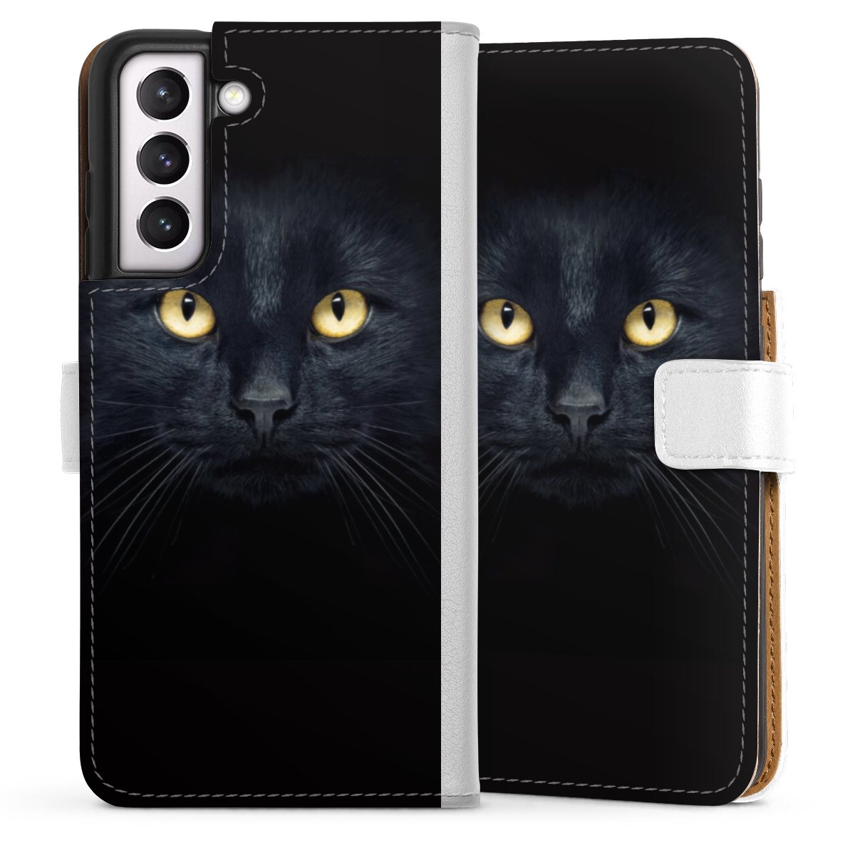 Galaxy S21 FE 5G Handy Klapphülle Handyhülle aus Kunst Leder weiß Flip Case Eye Cat Black Sideflip mit Lasche