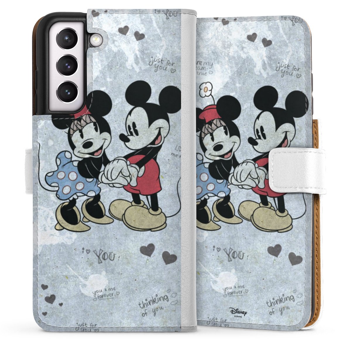 Galaxy S21 FE 5G Handy Klapphülle Handyhülle aus Kunst Leder weiß Flip Case Mickey & Minnie Mouse Vintage Disney Sideflip mit Lasche