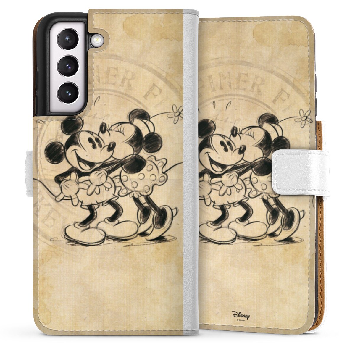 Galaxy S21 FE 5G Handy Klapphülle Handyhülle aus Kunst Leder weiß Flip Case Mickey Mouse Vintage Minnie Mouse Sideflip mit Lasche