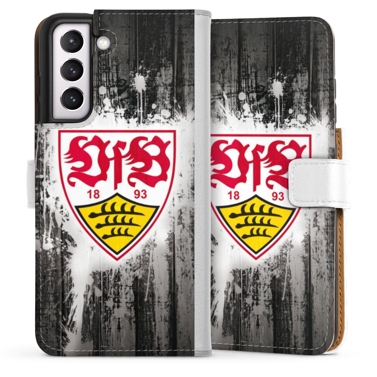 Galaxy S21 FE 5G Handy Klapphülle Handyhülle aus Kunst Leder weiß Flip Case Vfb Stuttgart Official Licensed Product Sideflip mit Lasche