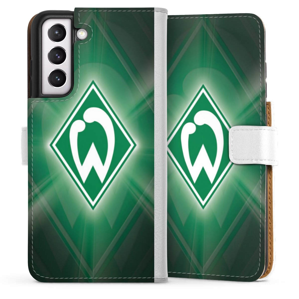 Galaxy S21 FE 5G Handy Klapphülle Handyhülle aus Kunst Leder weiß Flip Case Sv Werder Bremen Official Licensed Product Coat Of Arms Sideflip mit Lasche