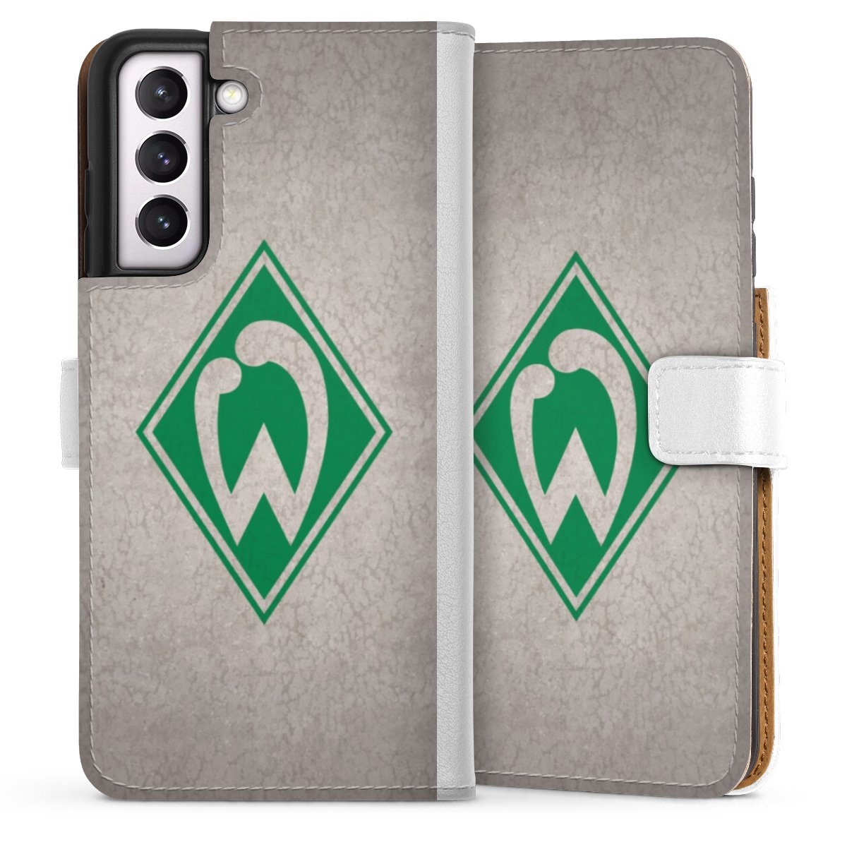 Galaxy S21 FE 5G Handy Klapphülle Handyhülle aus Kunst Leder weiß Flip Case Sv Werder Bremen Concrete Official Licensed Product Sideflip mit Lasche