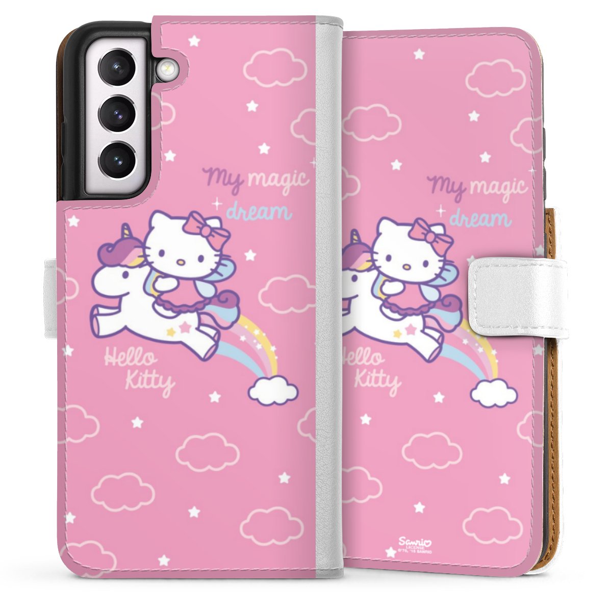 Galaxy S21 FE 5G Handy Klapphülle Handyhülle aus Kunst Leder weiß Flip Case Einhorn Official Licensed Product Hello Kitty Sideflip mit Lasche