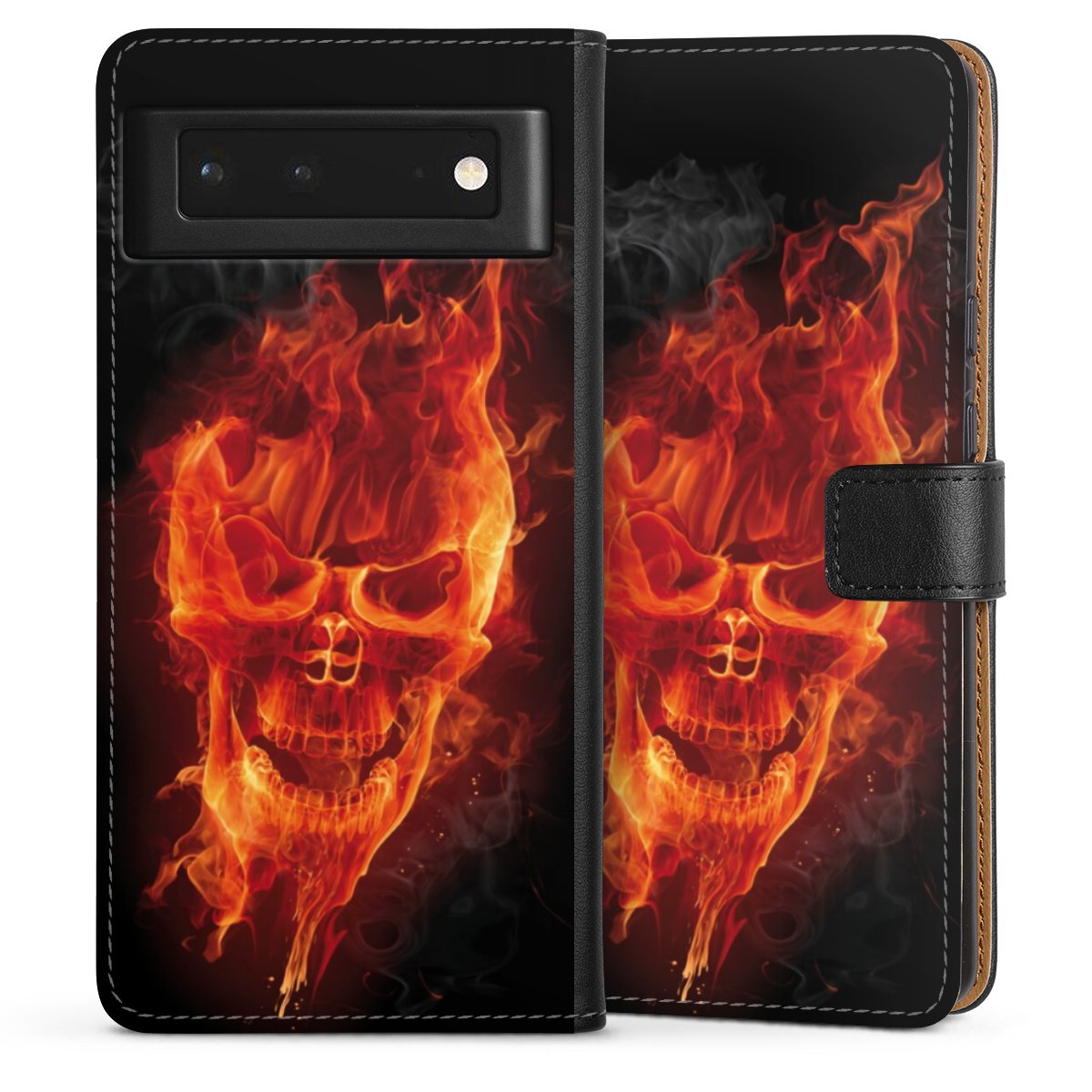 Google Pixel 6 Handy Klapphülle Handyhülle aus Kunst Leder schwarz Flip Case Totenkopf Skull Fire Sideflip mit Lasche