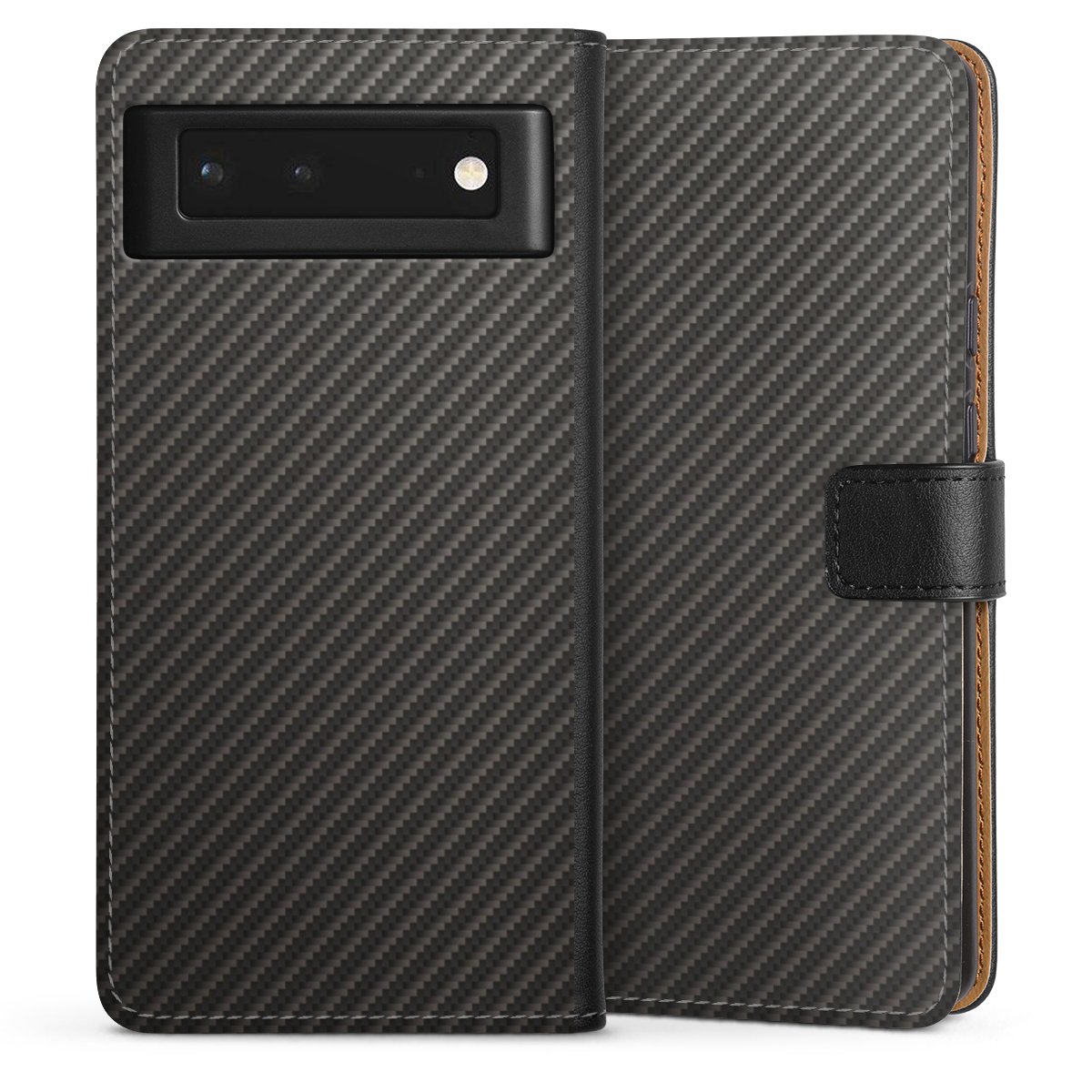 Google Pixel 6 Handy Klapphülle Handyhülle aus Kunst Leder schwarz Flip Case Metallic Look Carbon Muster Sideflip mit Lasche