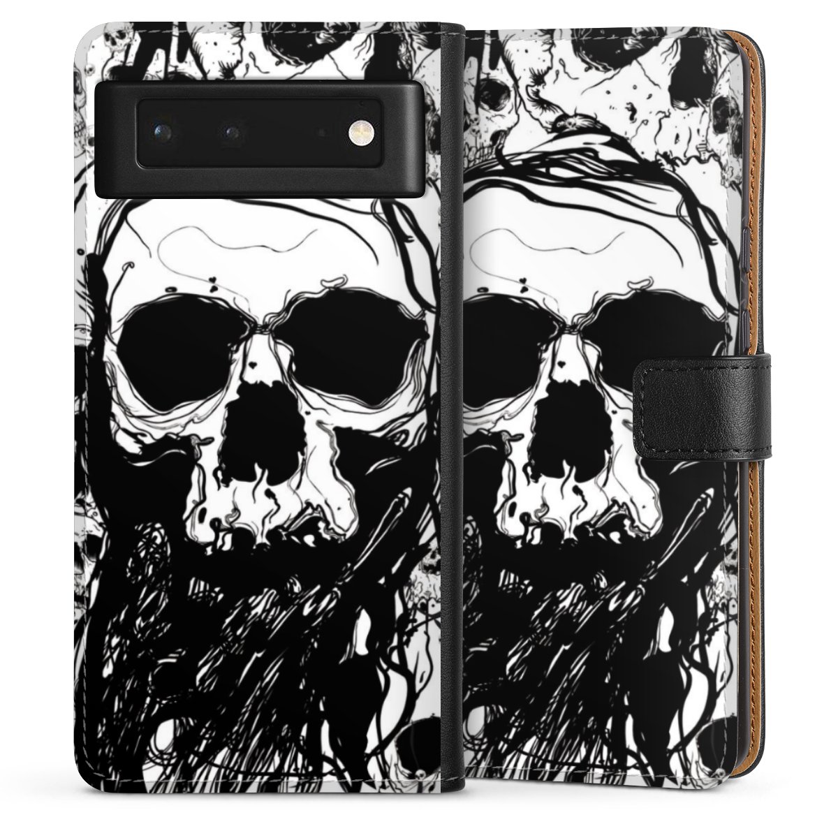 Google Pixel 6 Handy Klapphülle Handyhülle aus Kunst Leder schwarz Flip Case Totenkopf Halloween Sideflip mit Lasche