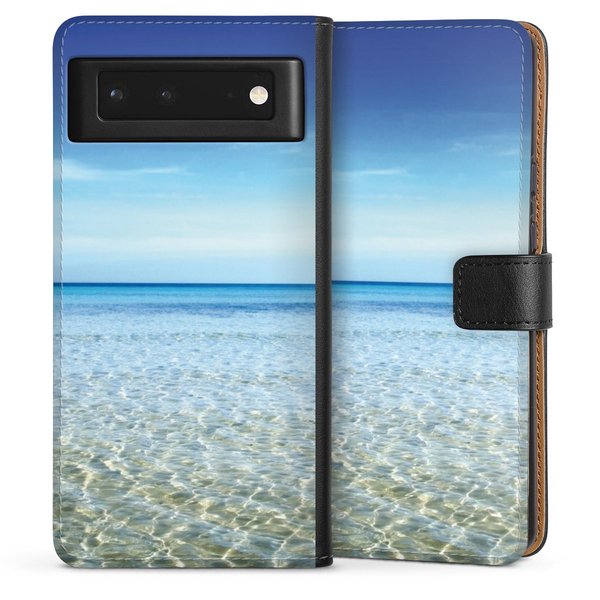 Google Pixel 6 Handy Klapphülle Handyhülle aus Kunst Leder schwarz Flip Case Urlaub Sky Ocean Sideflip mit Lasche