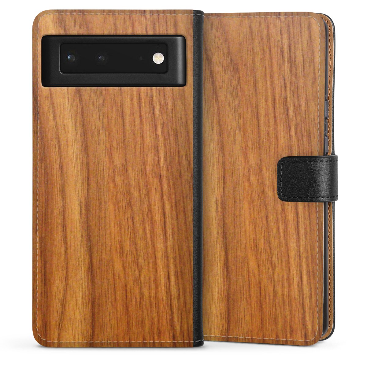 Google Pixel 6 Handy Klapphülle Handyhülle aus Kunst Leder schwarz Flip Case Wood Larch Wooden Look Sideflip mit Lasche