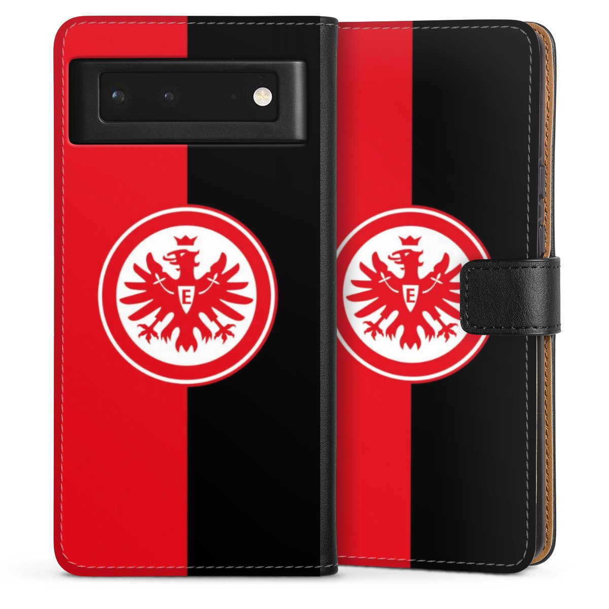 Google Pixel 6 Handy Klapphülle Handyhülle aus Kunst Leder schwarz Flip Case Official Licensed Product Eintracht Frankfurt Sge Sideflip mit Lasche