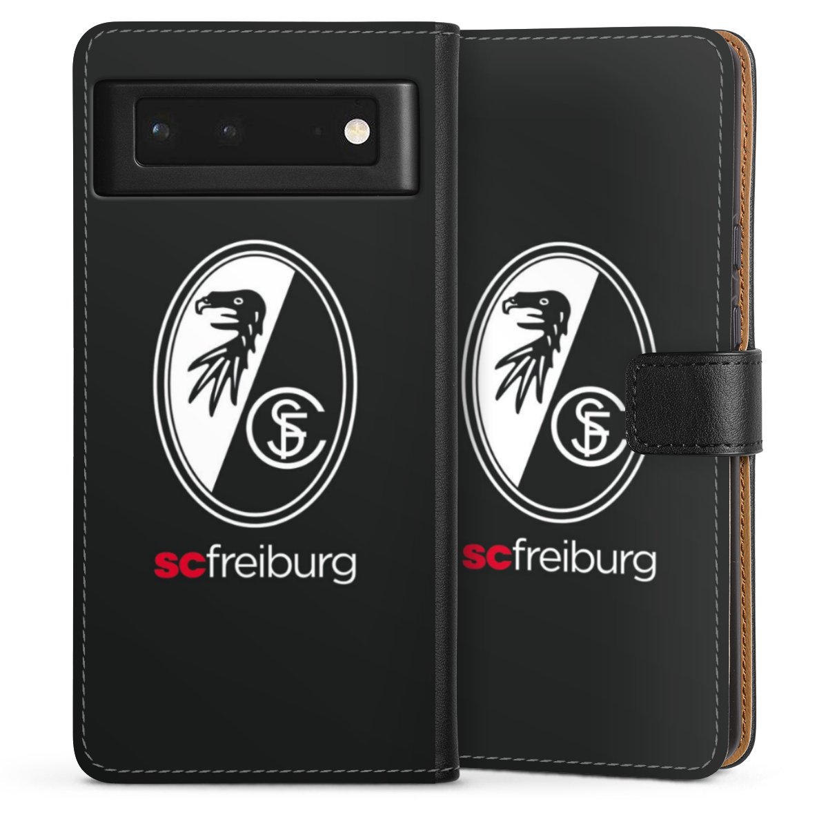 Google Pixel 6 Handy Klapphülle Handyhülle aus Kunst Leder schwarz Flip Case Official Licensed Product Sc Freiburg Coat Of Arms Sideflip mit Lasche