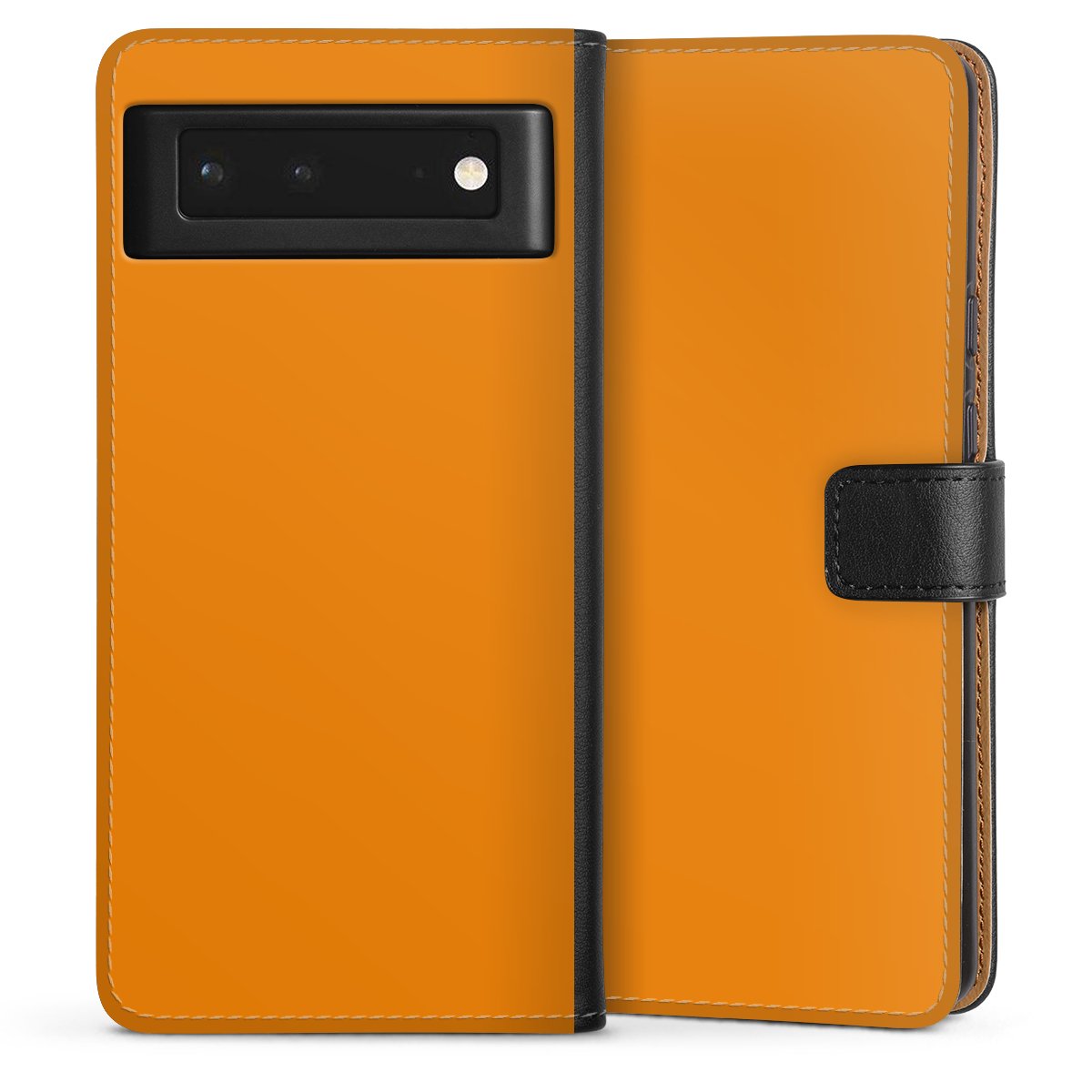 Google Pixel 6 Handy Klapphülle Handyhülle aus Kunst Leder schwarz Flip Case Unicoloured Colour Orange Sideflip mit Lasche