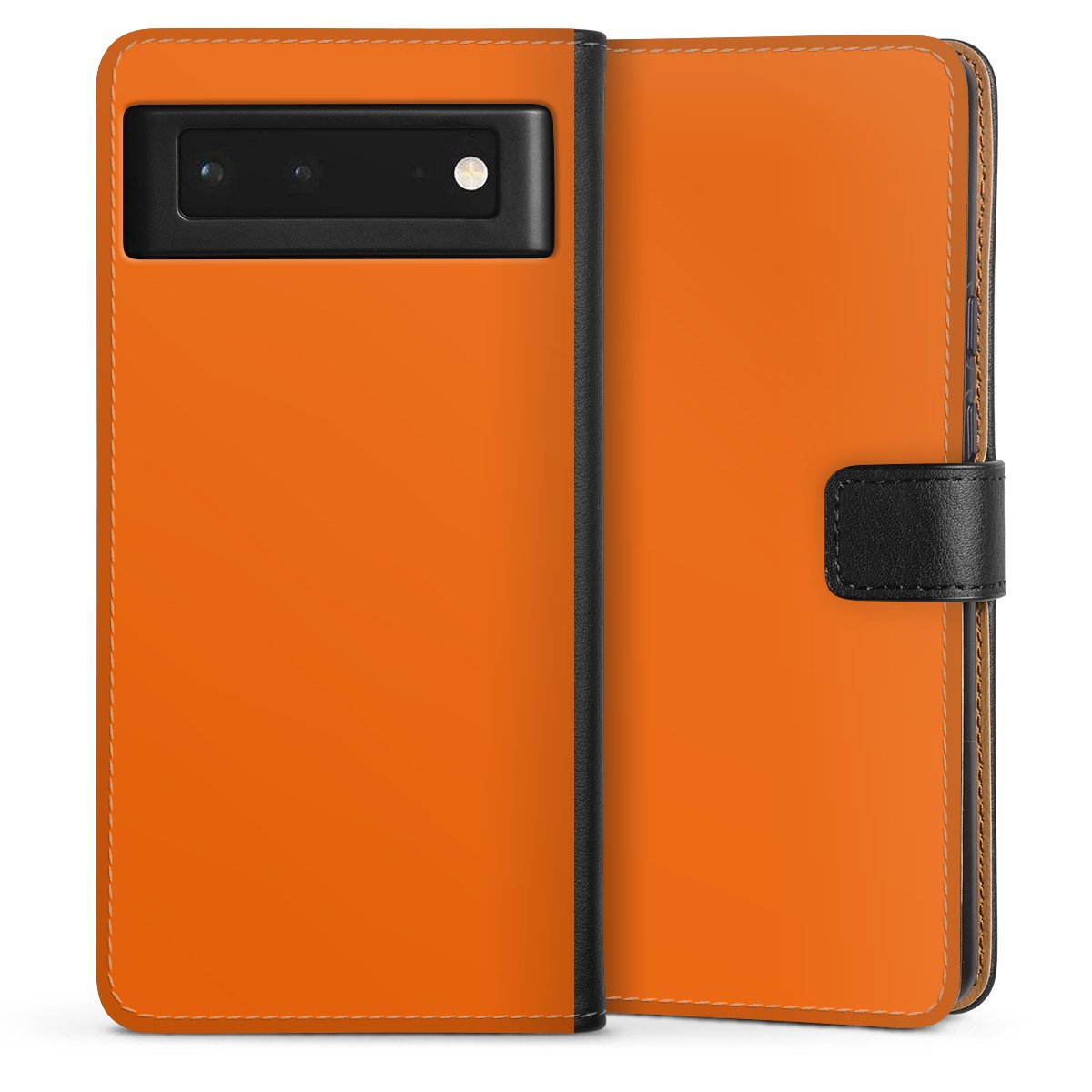 Google Pixel 6 Handy Klapphülle Handyhülle aus Kunst Leder schwarz Flip Case Orange Colour Unicoloured Sideflip mit Lasche