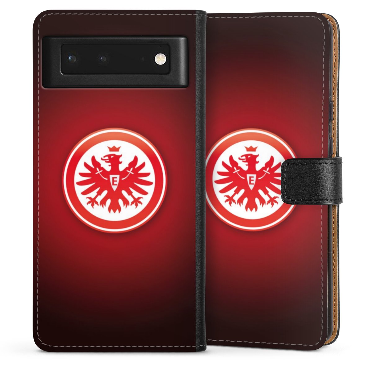 Google Pixel 6 Handy Klapphülle Handyhülle aus Kunst Leder schwarz Flip Case Eintracht Frankfurt Official Licensed Product Coat Of Arms Sideflip mit Lasche