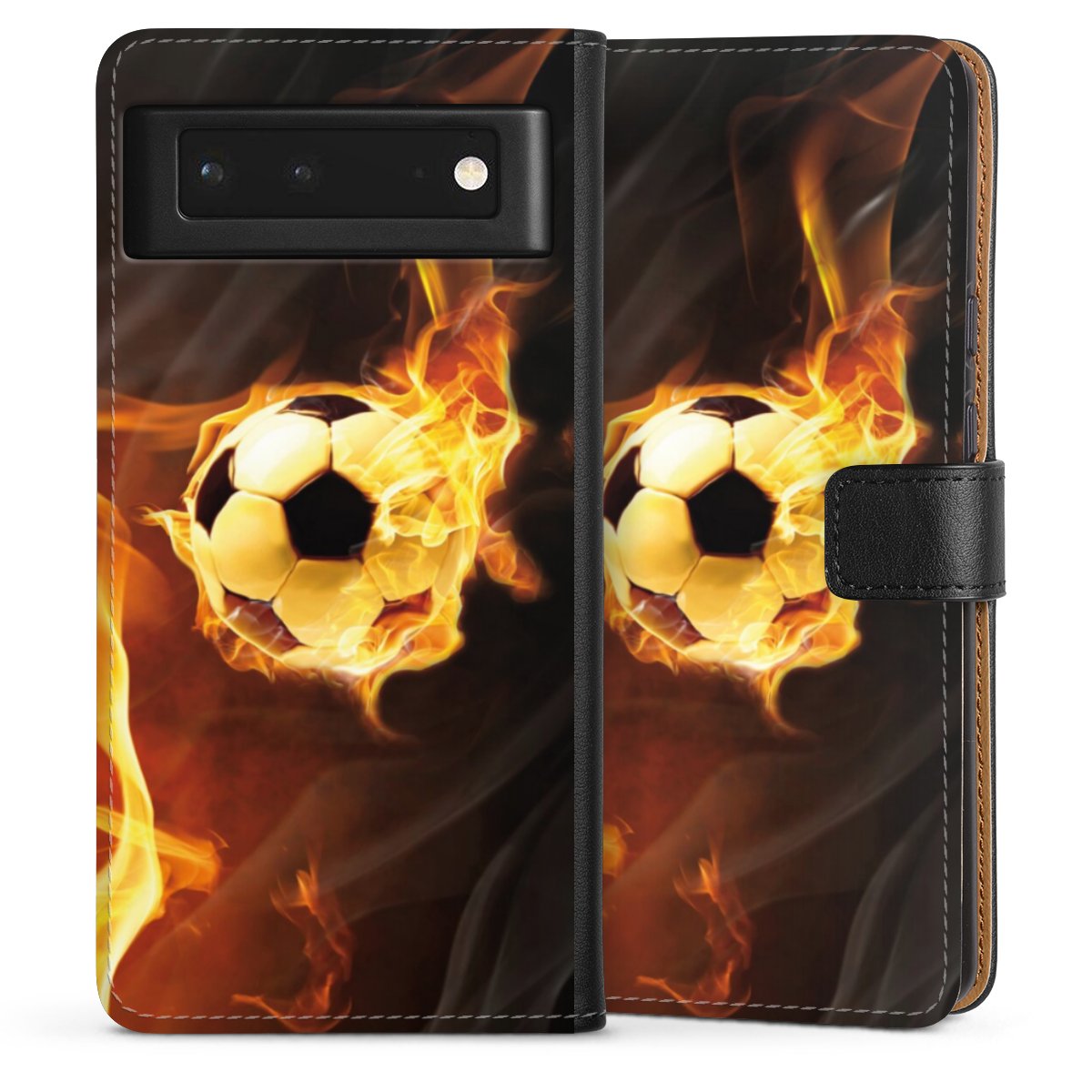 Google Pixel 6 Handy Klapphülle Handyhülle aus Kunst Leder schwarz Flip Case Ball Fire Soccer Sideflip mit Lasche