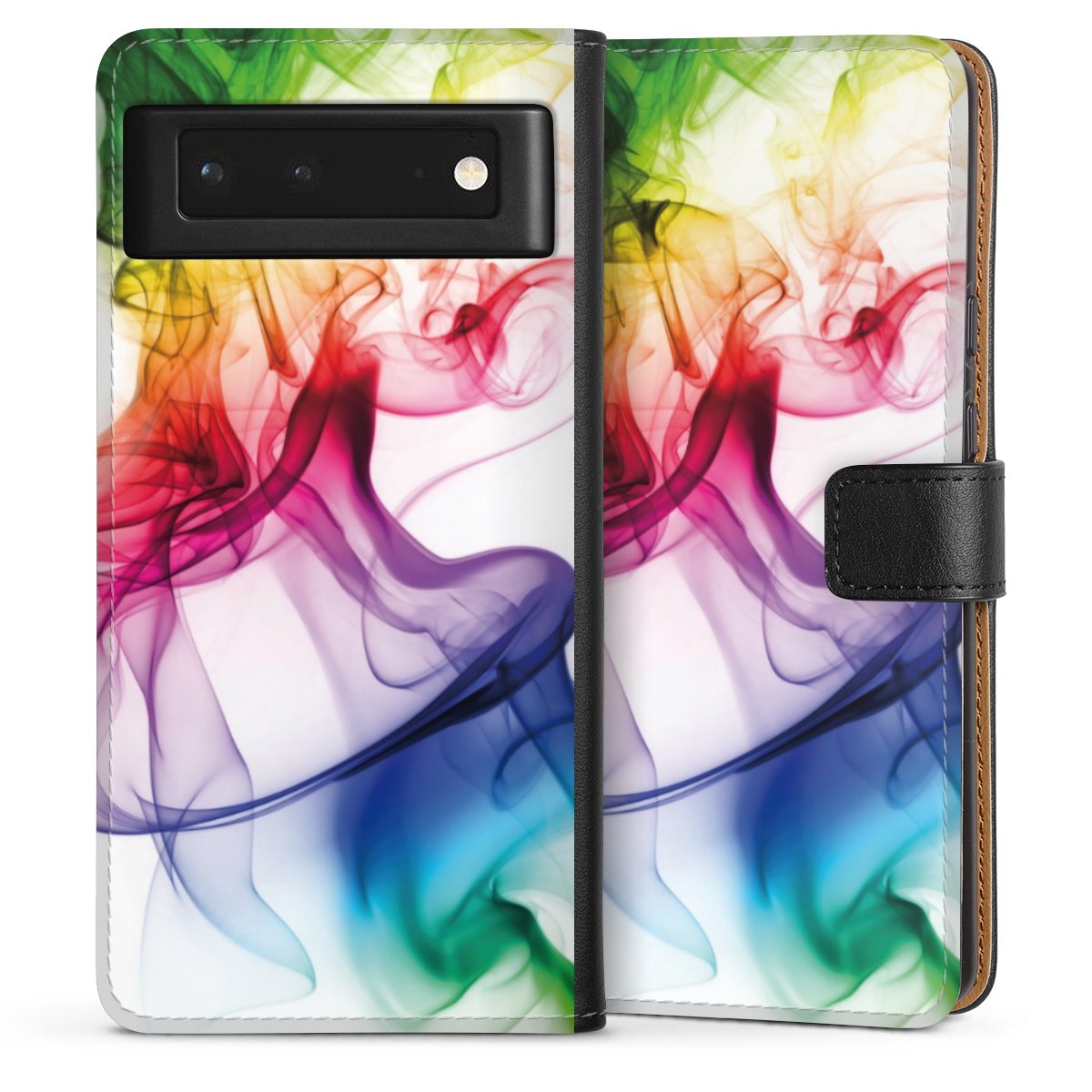 Google Pixel 6 Handy Klapphülle Handyhülle aus Kunst Leder schwarz Flip Case Water Colour Rainbow Sideflip mit Lasche