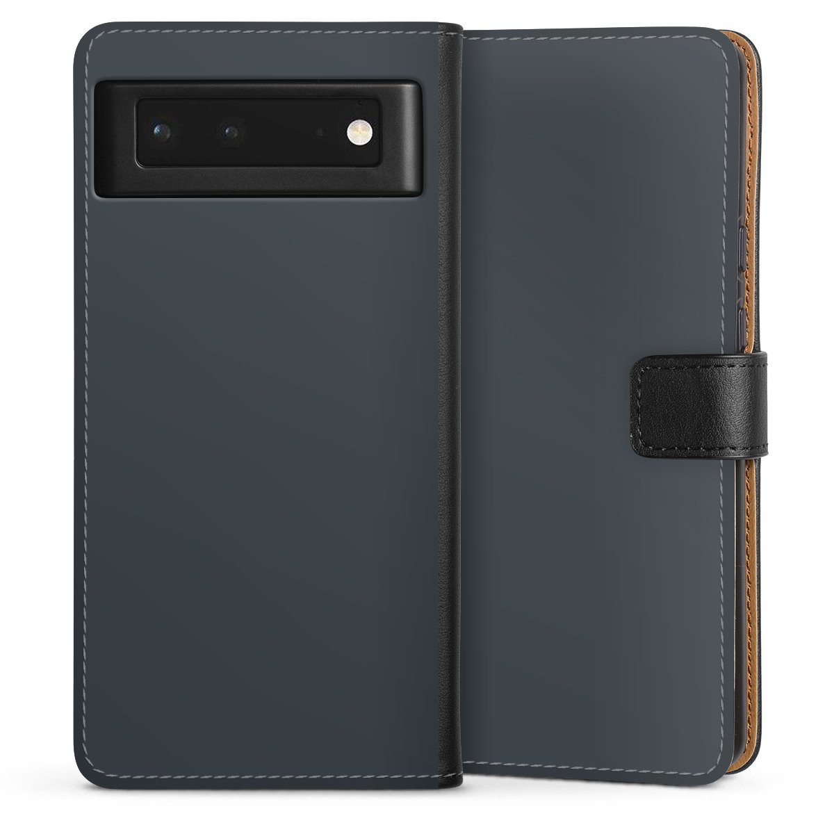 Google Pixel 6 Handy Klapphülle Handyhülle aus Kunst Leder schwarz Flip Case Grey Anthracite Unicoloured Sideflip mit Lasche