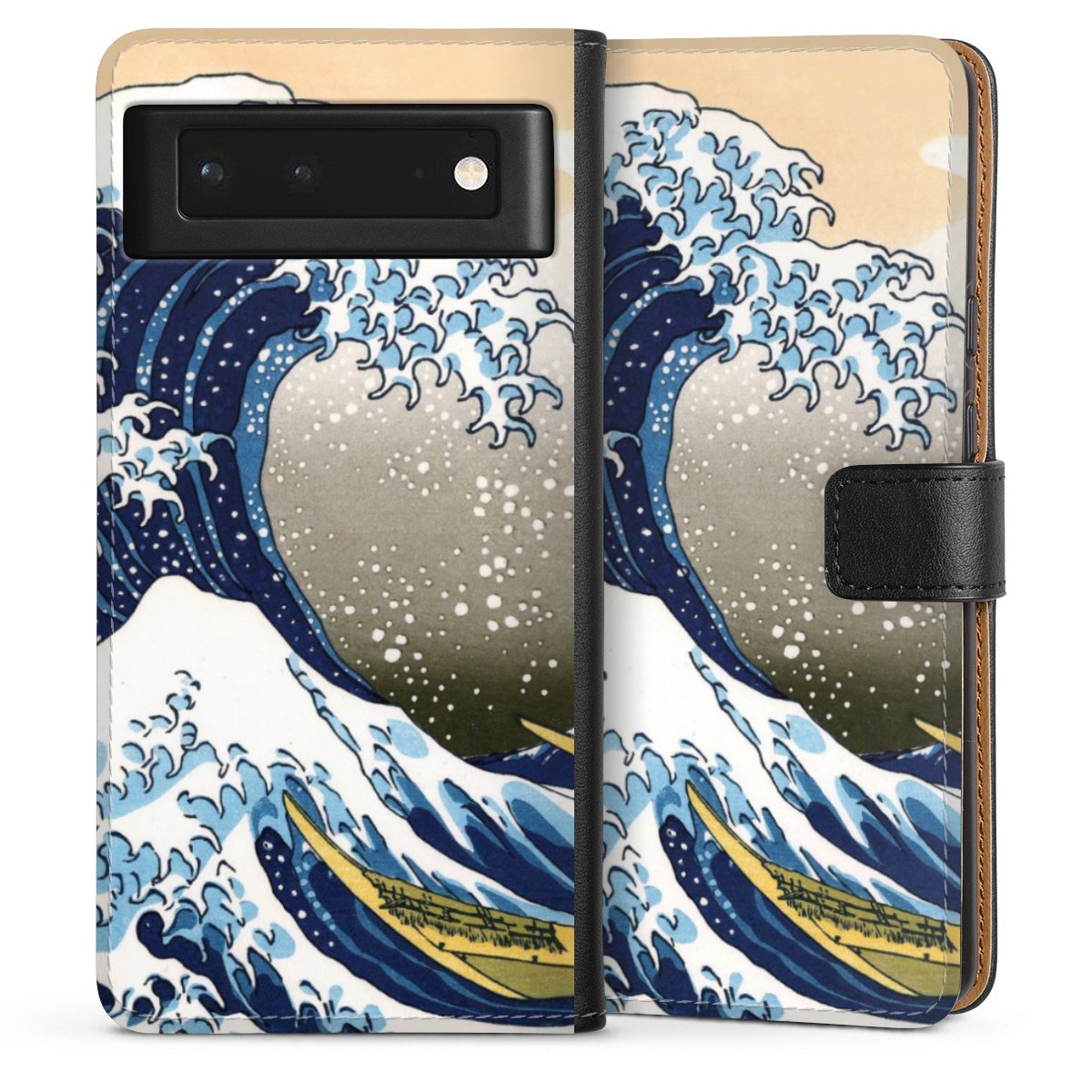 Google Pixel 6 Handy Klapphülle Handyhülle aus Kunst Leder schwarz Flip Case Kunst Katsushika Hokusai Die Große Welle Vor Kanagawa Sideflip mit Lasche