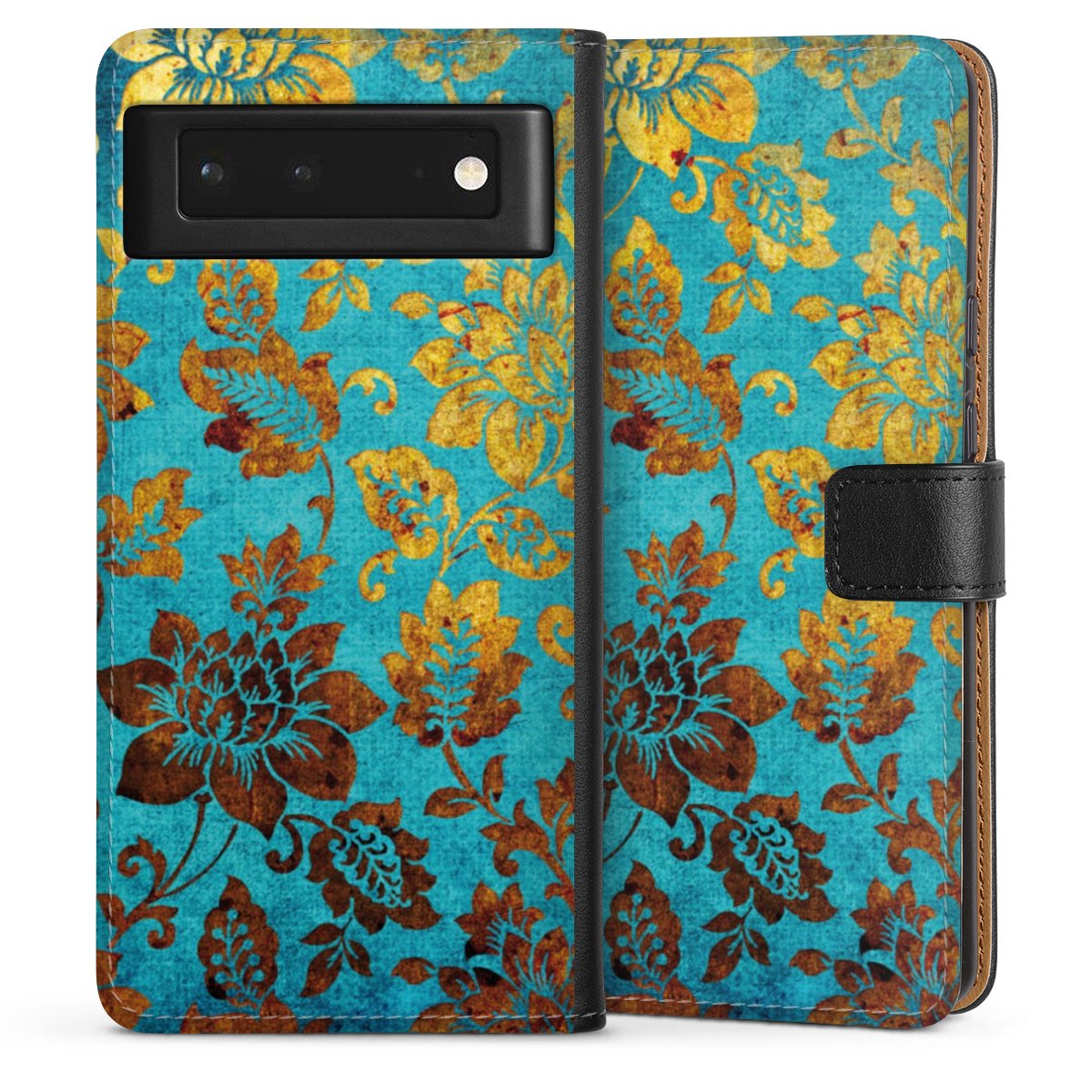 Google Pixel 6 Handy Klapphülle Handyhülle aus Kunst Leder schwarz Flip Case Ornament Vintage Flowers Sideflip mit Lasche