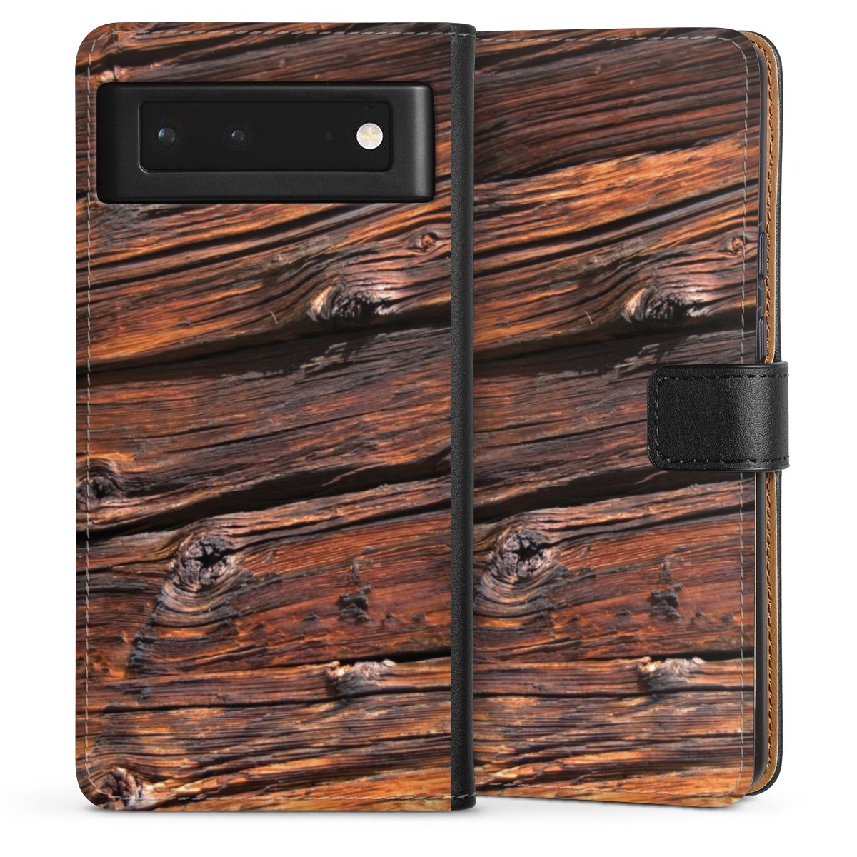 Google Pixel 6 Handy Klapphülle Handyhülle aus Kunst Leder schwarz Flip Case Beams Wooden Look Wood Sideflip mit Lasche