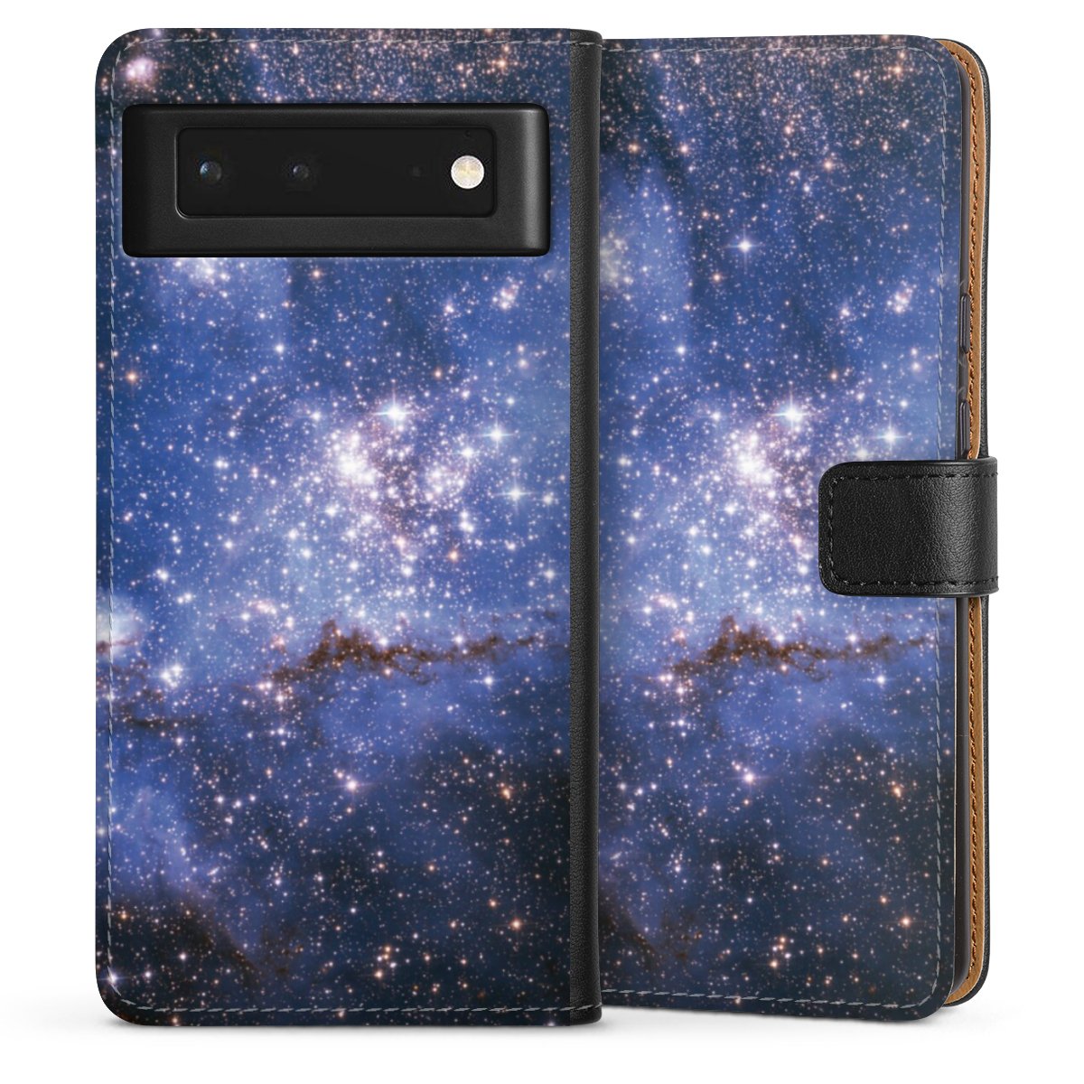 Google Pixel 6 Handy Klapphülle Handyhülle aus Kunst Leder schwarz Flip Case Weltall Galaxy Weltraum Sideflip mit Lasche