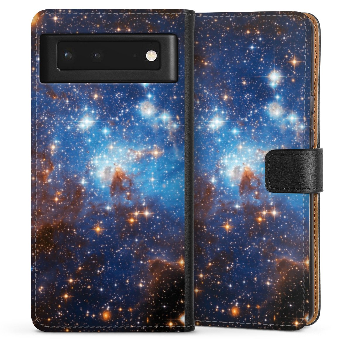 Google Pixel 6 Handy Klapphülle Handyhülle aus Kunst Leder schwarz Flip Case Star Weltall Galaxy Sideflip mit Lasche