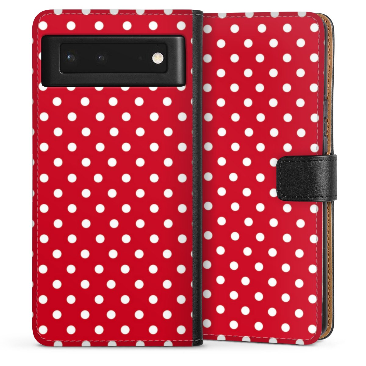 Google Pixel 6 Handy Klapphülle Handyhülle aus Kunst Leder schwarz Flip Case Points Polka Dots Retro Sideflip mit Lasche