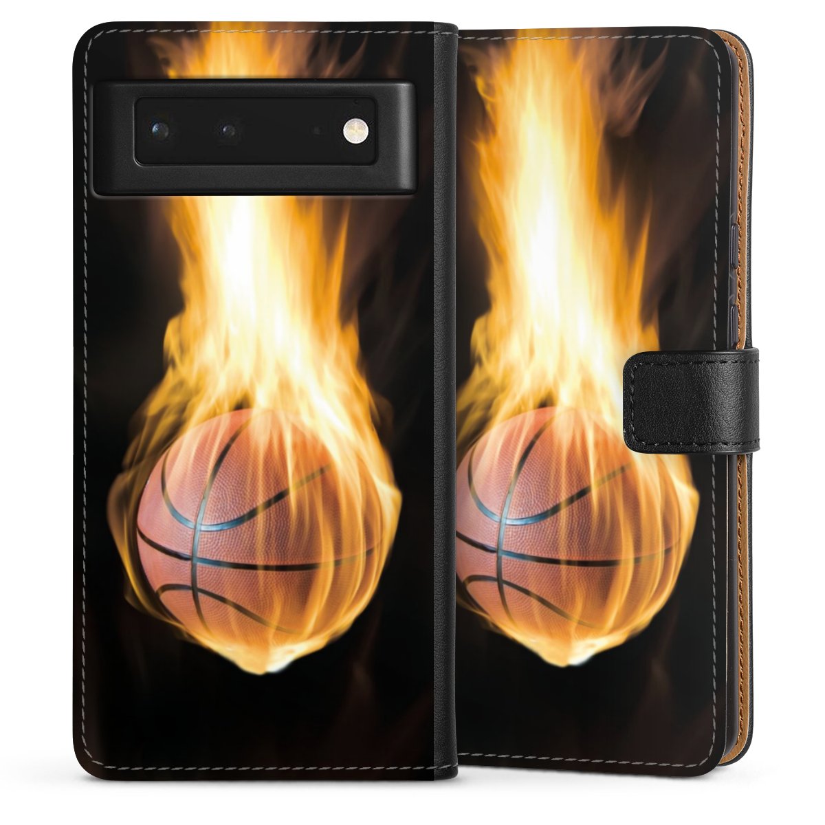 Google Pixel 6 Handy Klapphülle Handyhülle aus Kunst Leder schwarz Flip Case Basketball Sports Fire Sideflip mit Lasche