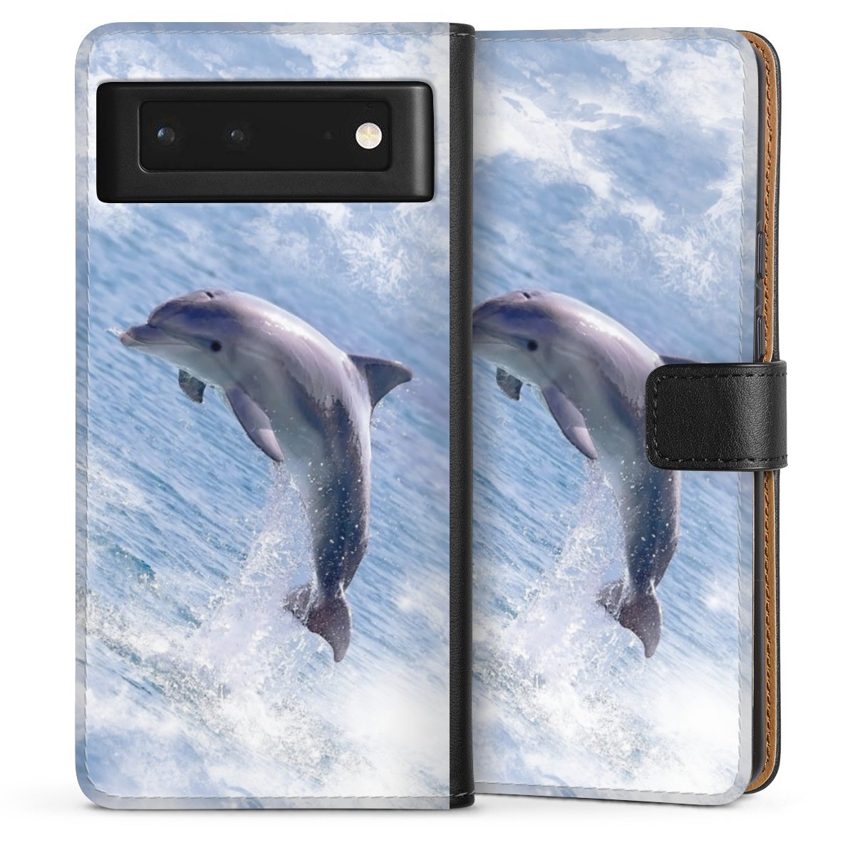 Google Pixel 6 Handy Klapphülle Handyhülle aus Kunst Leder schwarz Flip Case Dolphin Ocean Wale Sideflip mit Lasche