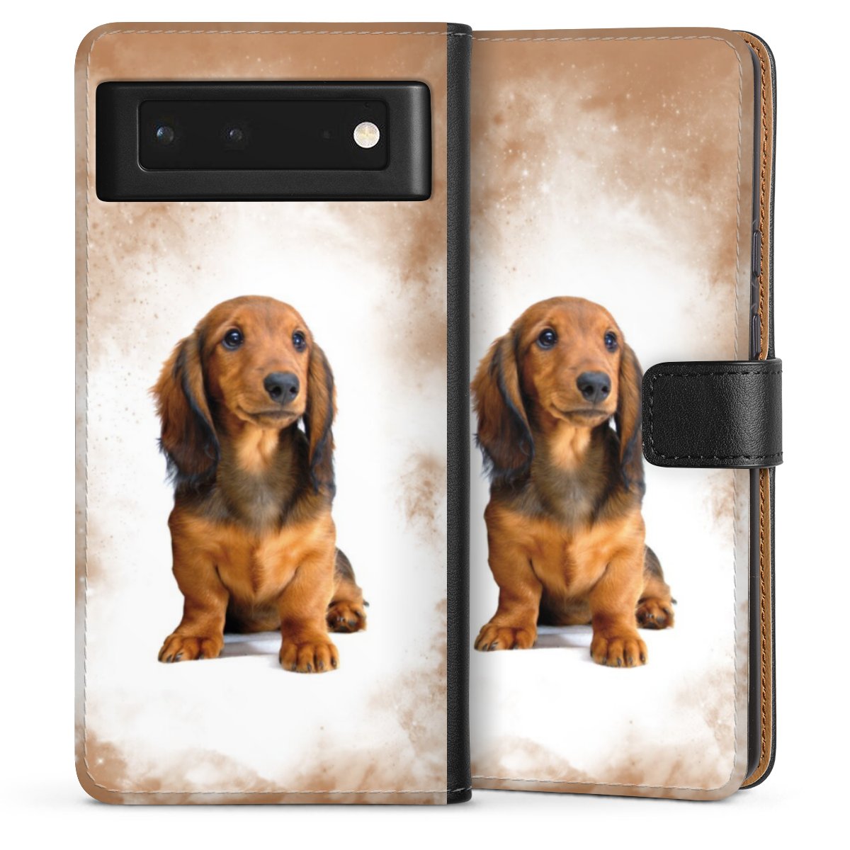 Google Pixel 6 Handy Klapphülle Handyhülle aus Kunst Leder schwarz Flip Case Dog Pet Dachshund Sideflip mit Lasche