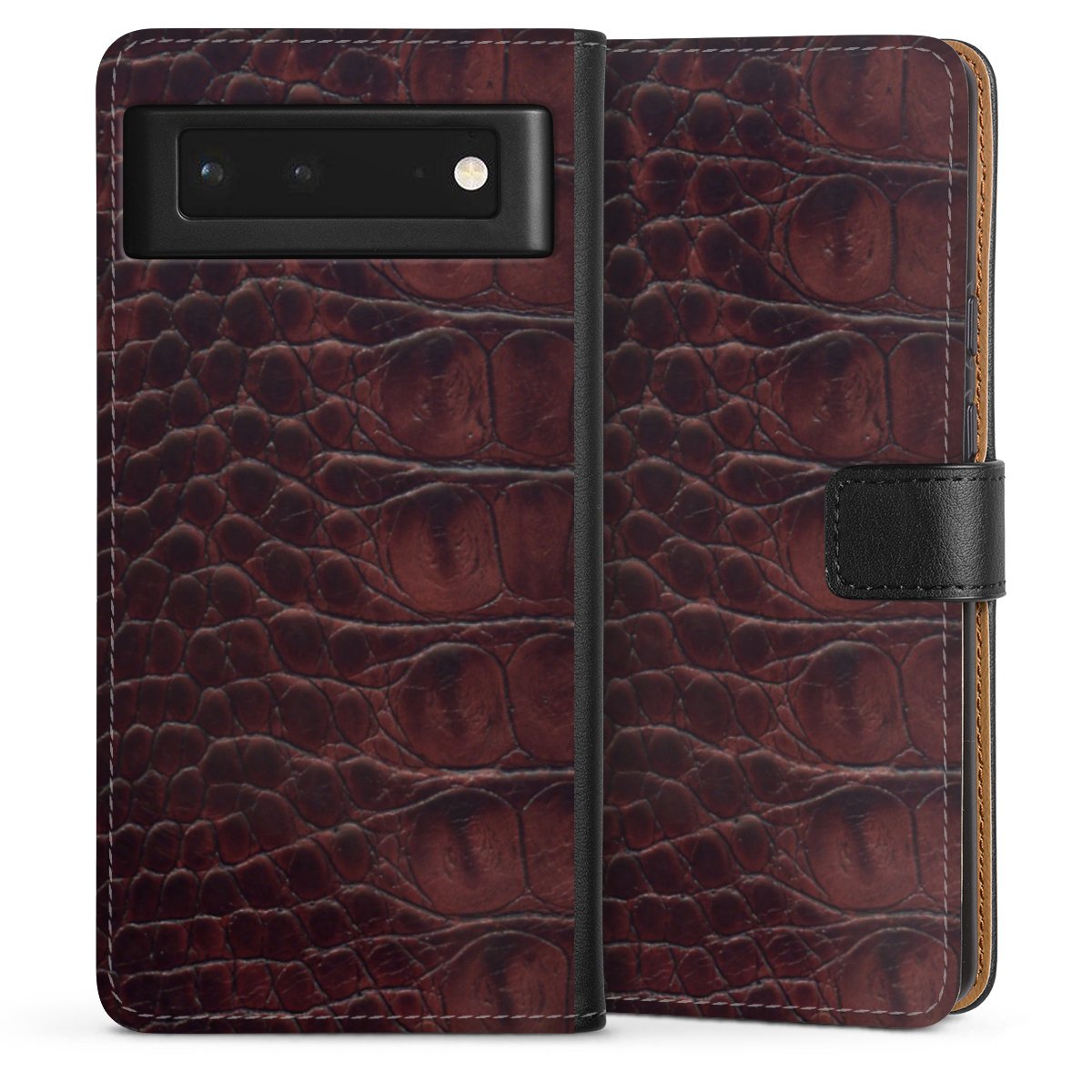 Google Pixel 6 Handy Klapphülle Handyhülle aus Kunst Leder schwarz Flip Case Crocodile Animal Print Leather Sideflip mit Lasche