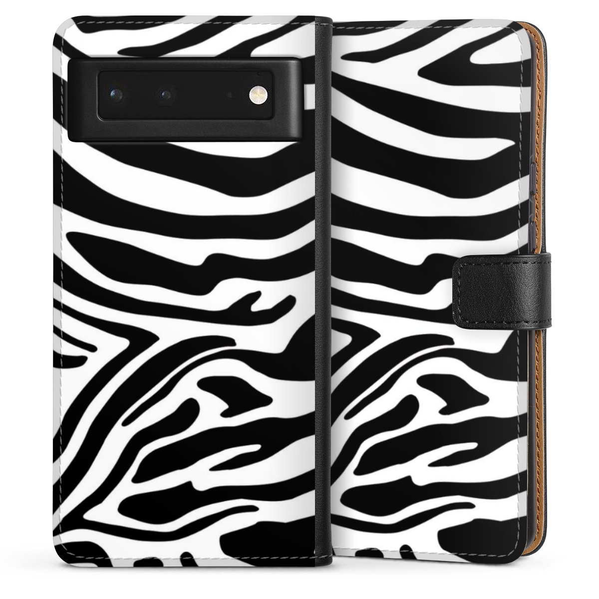 Google Pixel 6 Handy Klapphülle Handyhülle aus Kunst Leder schwarz Flip Case Zebra Animal Look Animal Print Sideflip mit Lasche