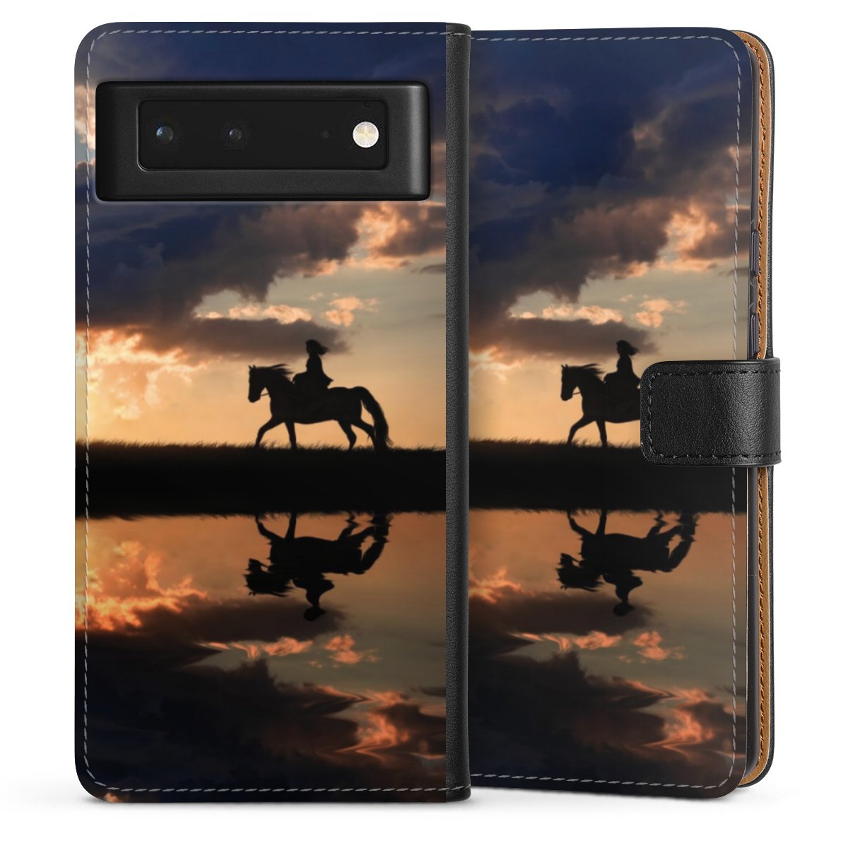 Google Pixel 6 Handy Klapphülle Handyhülle aus Kunst Leder schwarz Flip Case Horse Sunset Horseback Riding Sideflip mit Lasche