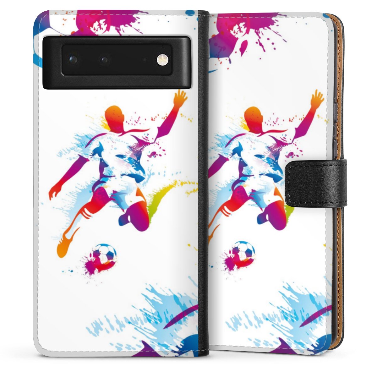 Google Pixel 6 Handy Klapphülle Handyhülle aus Kunst Leder schwarz Flip Case Sports Soccer Muster Sideflip mit Lasche