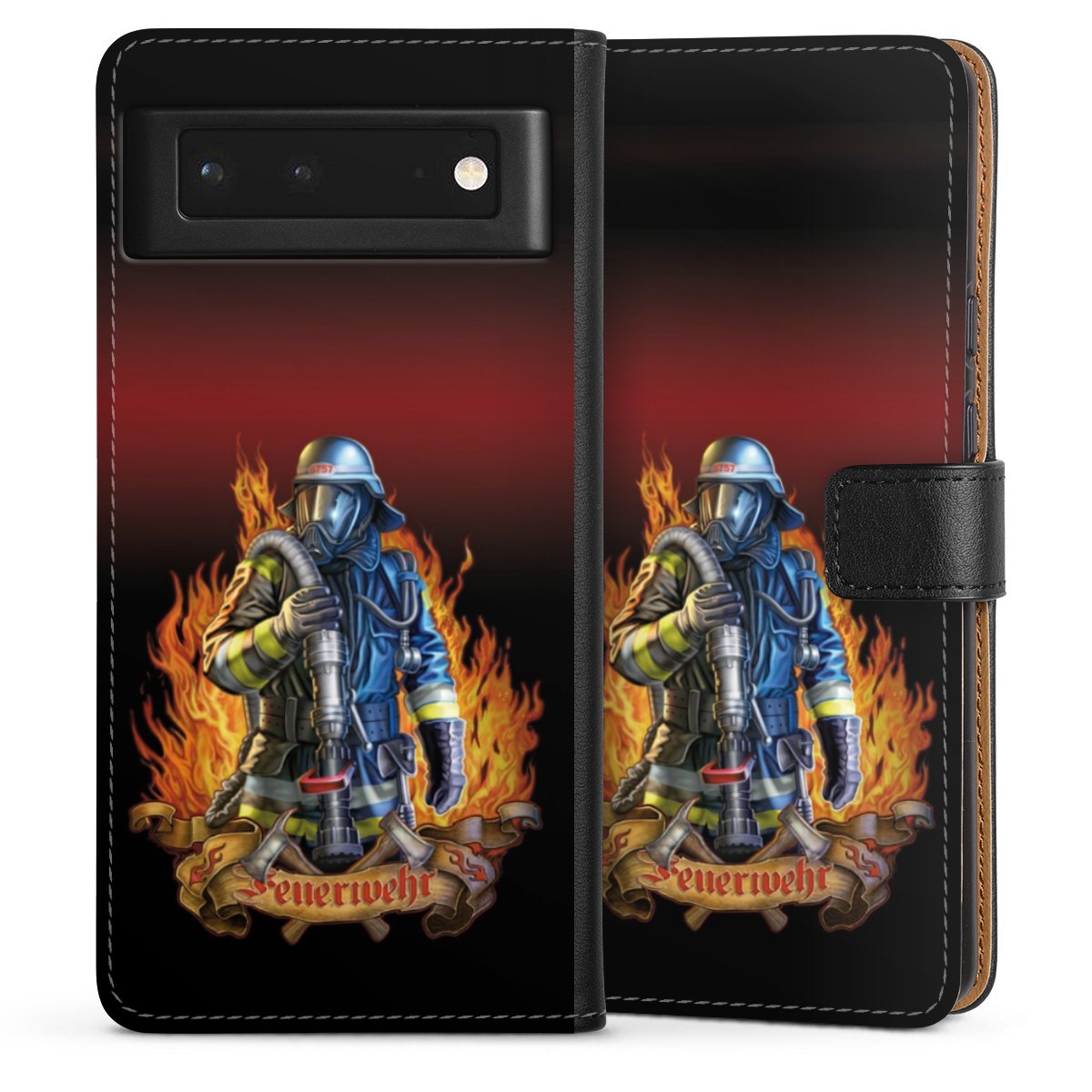 Google Pixel 6 Handy Klapphülle Handyhülle aus Kunst Leder schwarz Flip Case Job Fire Fighter Fire Fighters Sideflip mit Lasche