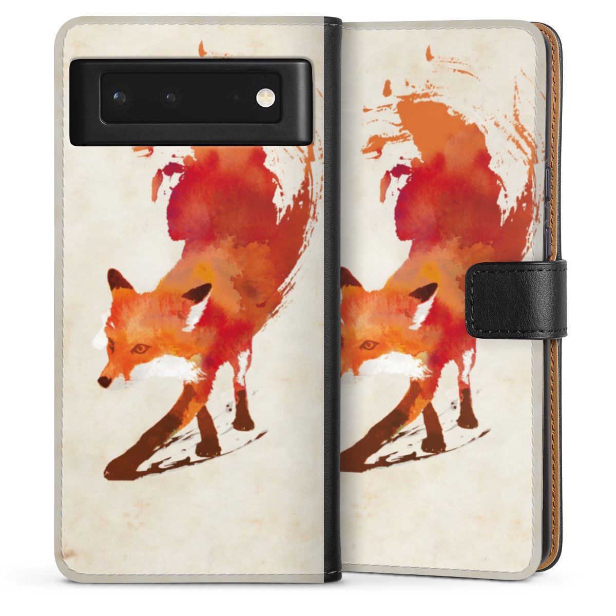 Google Pixel 6 Handy Klapphülle Handyhülle aus Kunst Leder schwarz Flip Case Fox Graphic Sideflip mit Lasche