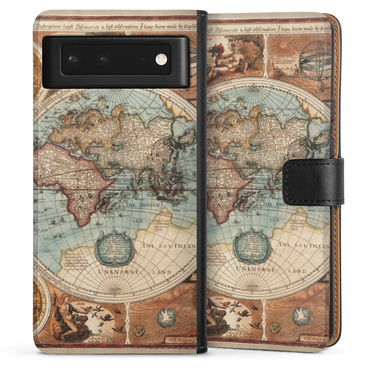 Google Pixel 6 Handy Klapphülle Handyhülle aus Kunst Leder schwarz Flip Case World Map Vintage Map Sideflip mit Lasche