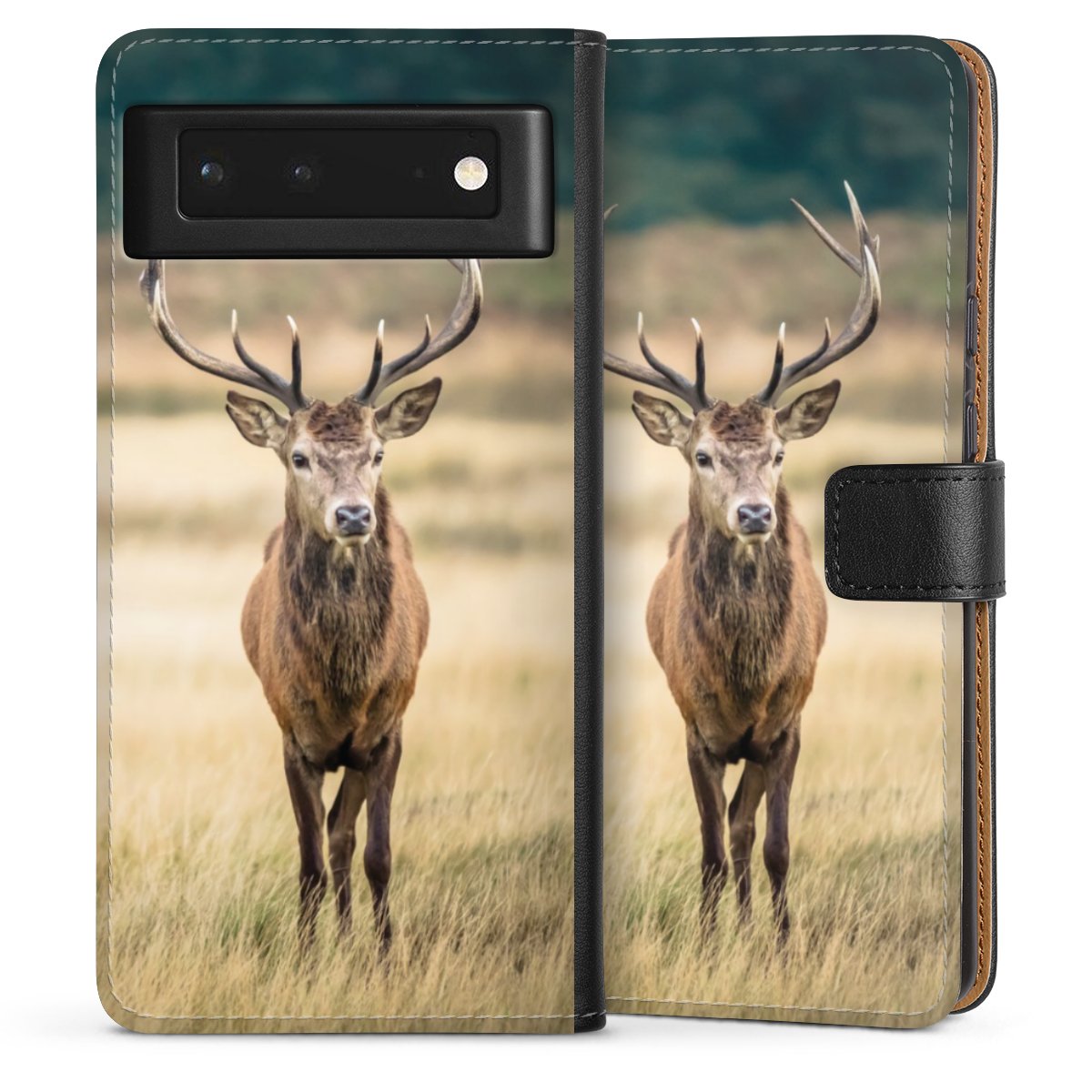 Google Pixel 6 Handy Klapphülle Handyhülle aus Kunst Leder schwarz Flip Case Deer Meadow Forrest Sideflip mit Lasche