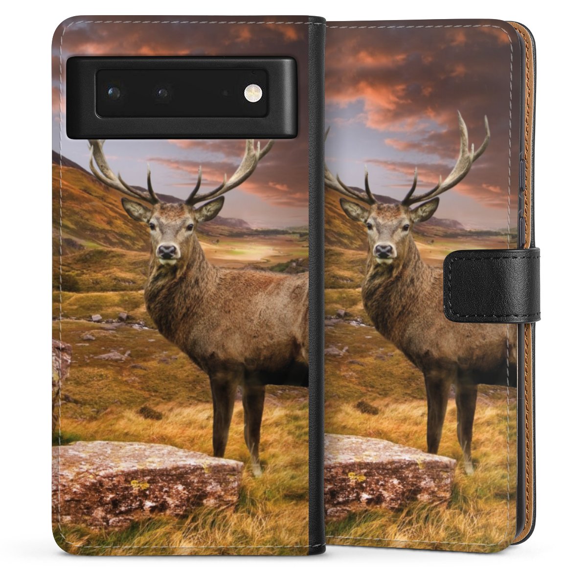 Google Pixel 6 Handy Klapphülle Handyhülle aus Kunst Leder schwarz Flip Case Meadow Mountain Deer Sideflip mit Lasche