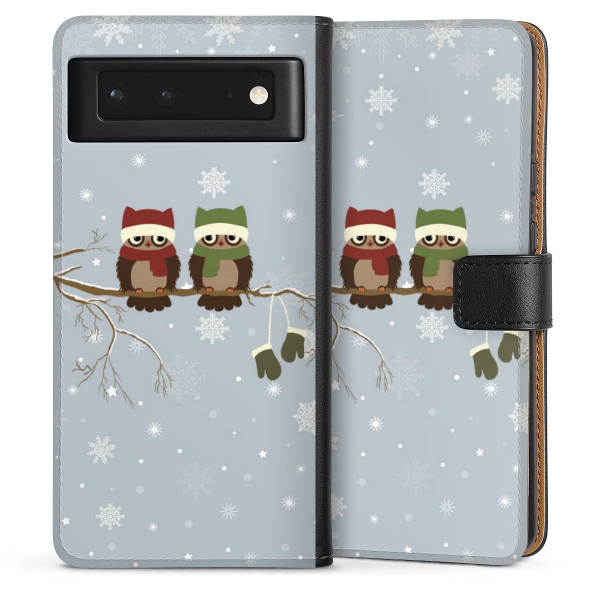 Google Pixel 6 Handy Klapphülle Handyhülle aus Kunst Leder schwarz Flip Case Owl Winter Christmas Sideflip mit Lasche