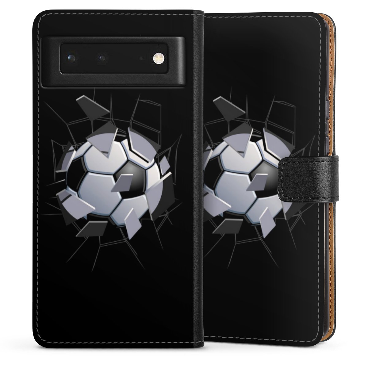 Google Pixel 6 Handy Klapphülle Handyhülle aus Kunst Leder schwarz Flip Case Sports Soccer Mosaic Sideflip mit Lasche