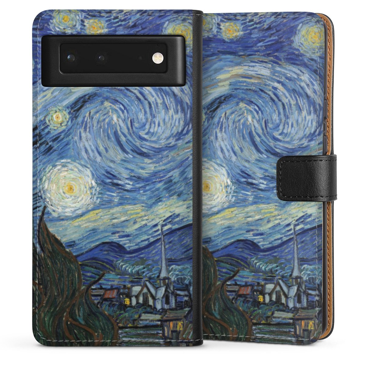 Google Pixel 6 Handy Klapphülle Handyhülle aus Kunst Leder schwarz Flip Case The Starry Night Kunst Vincent Van Gogh Sideflip mit Lasche